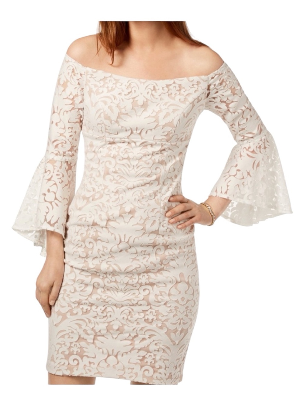 Xscape Ivory Damask Lace Off The Shoulder Bell Sleeve Sheath Dress Size 10 Boho